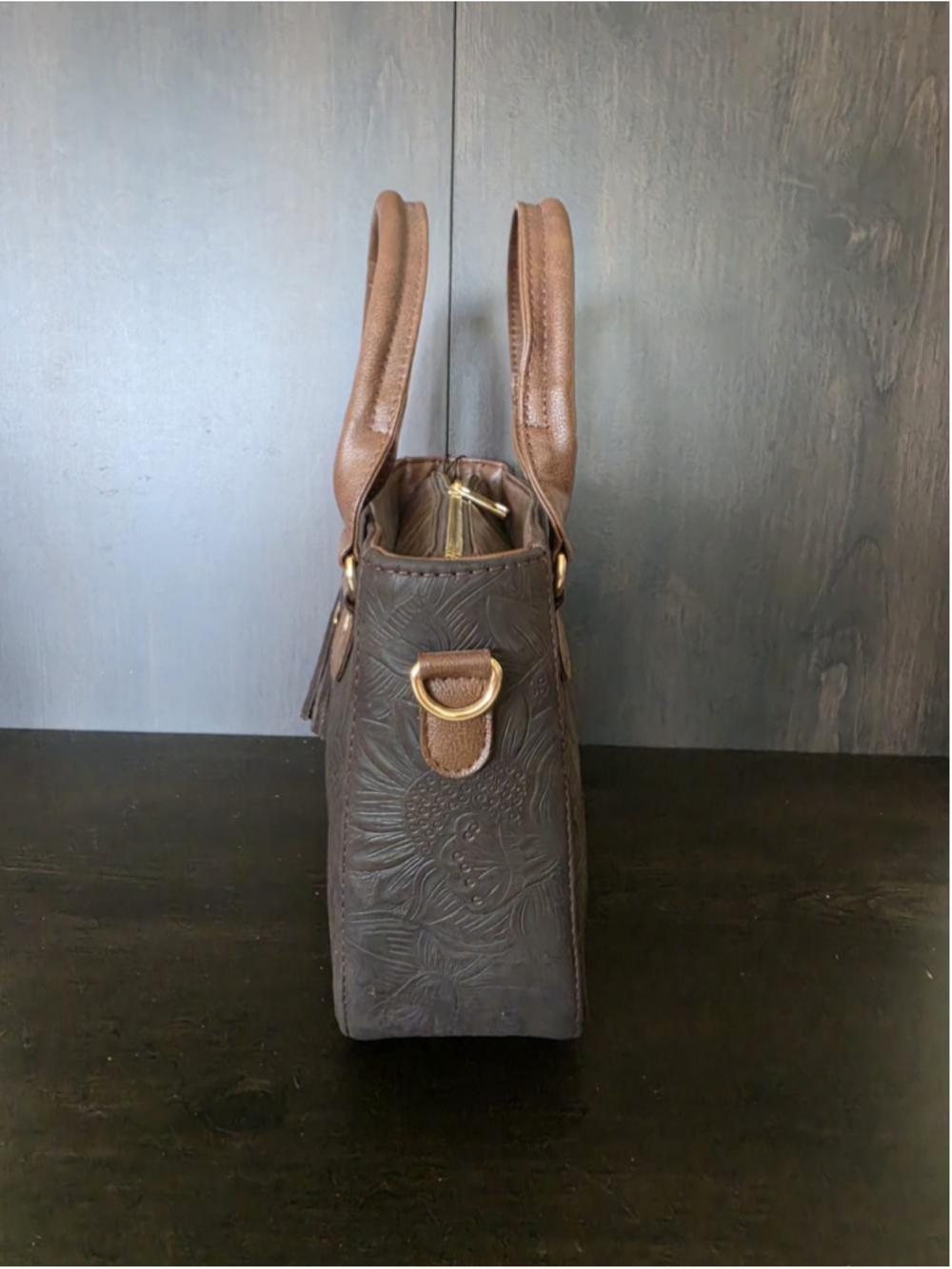 Dark Brown Tasseled Floral Embossed Tooled Artisan LEATHER Crossbody Purse Bag - Picture 5 of 16
